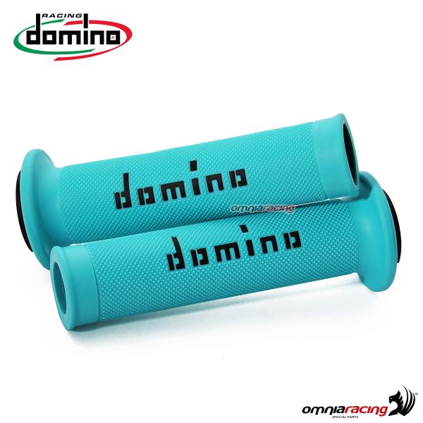 Coppia manopole Domino A010 in gomma ciano/nero per moto stradali/racing