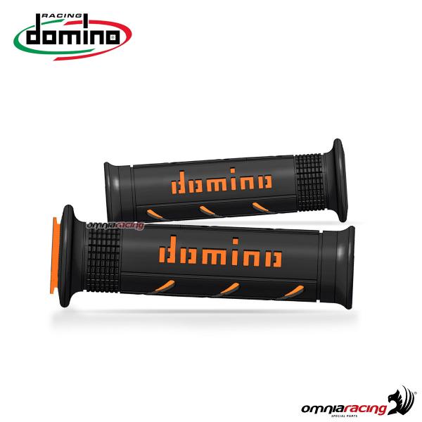 Pair of Domino A250 grips in black/orange rubber for street/racing motorcycles