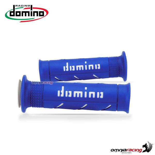 Pair of Domino A250 grips in blue/white rubber for street/racing motorcycles