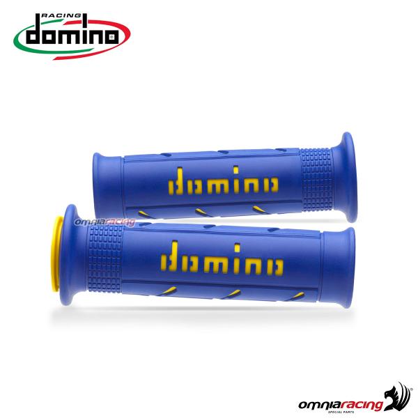 Coppia manopole Domino A250 in gomma blu/giallo per moto stradali/racing