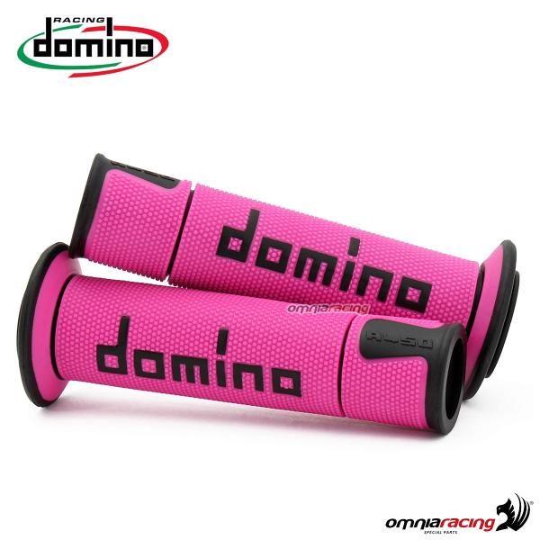 Coppia manopole Domino A450 in gomma fucsia/nero per moto stradali/racing