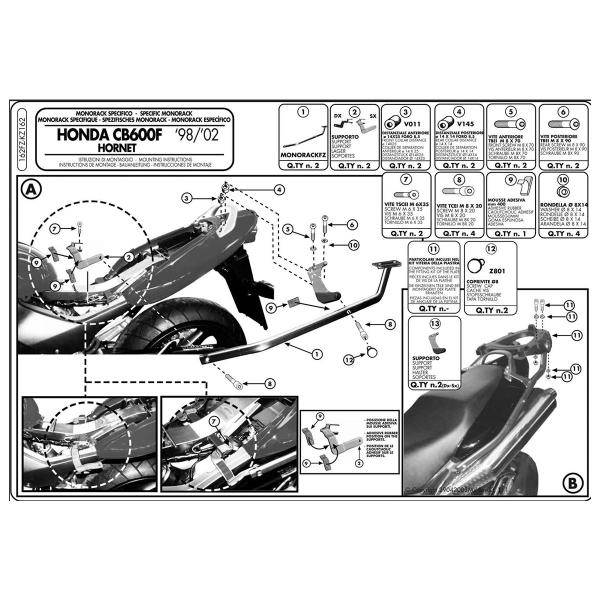 Rear rack Givi top cases Monokey Monolock Honda Hornet 600/S 1998-2002