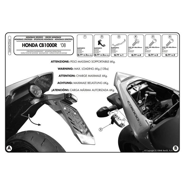 Rear rack Givi top cases Monokey Monolock Honda CB1000R 2008-2017