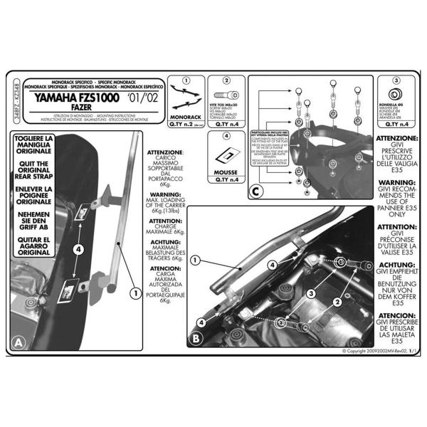 Attacco posteriore bauletto Givi Monokey Monolock Yamaha FZS 1000 Fazer 2001-2002