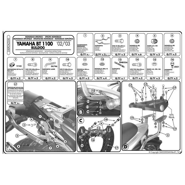 Rear rack Givi top cases Monokey Monolock Yamaha BT1100 Bulldog 2002-2009