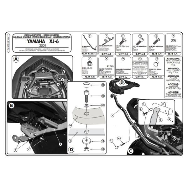 Attacco posteriore bauletto Givi Monokey Monolock Yamaha XJ6 2009-2012