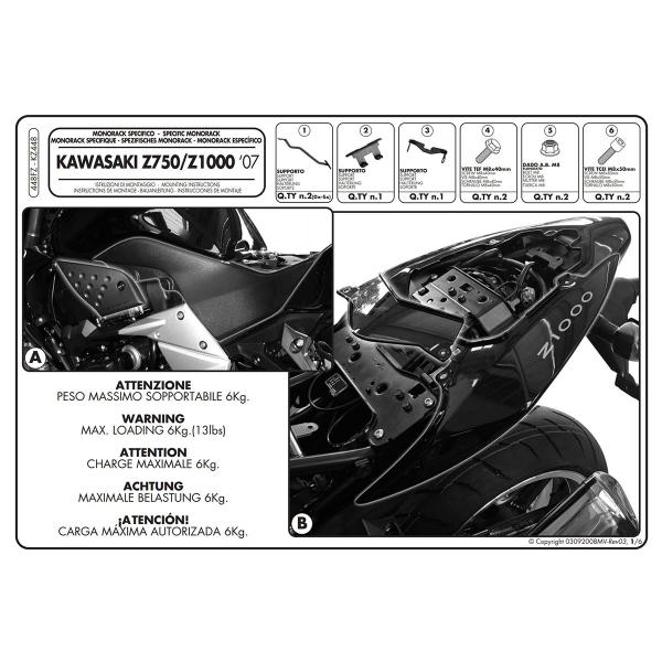 Attacco posteriore bauletto Givi Monokey Monolock Kawasaki Z1000 2007-2009
