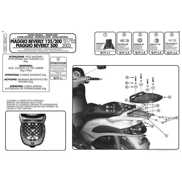 Attacco posteriore bauletto Givi Monolock Piaggio Beverly 500 2003-2007