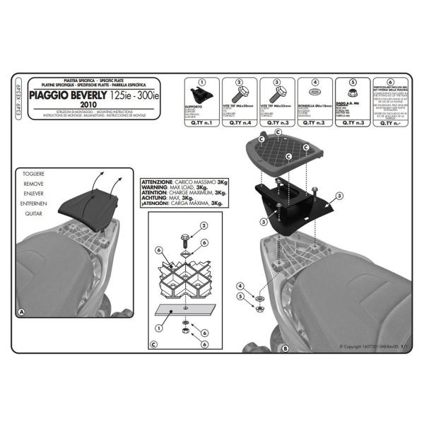 Attacco posteriore bauletto Givi Monolock Piaggio Beverly 125ie 2010-2020