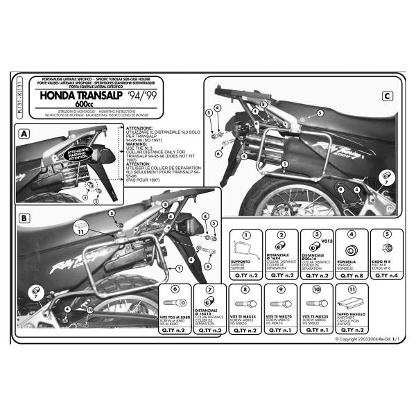 Pannier holder side-cases Givi Monokey o Retro Fit Honda XL600V Transalp 1994-1996