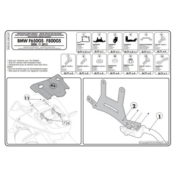 Portavaligie laterale staffe rapide Givi Monokey o Retro Fit BMW F650GS 2008-2017