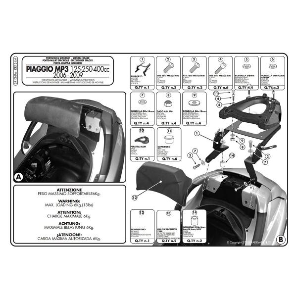 Attacco posteriore bauletto Givi Monolock Piaggio Mp3 125-250-300-400 2006-2011