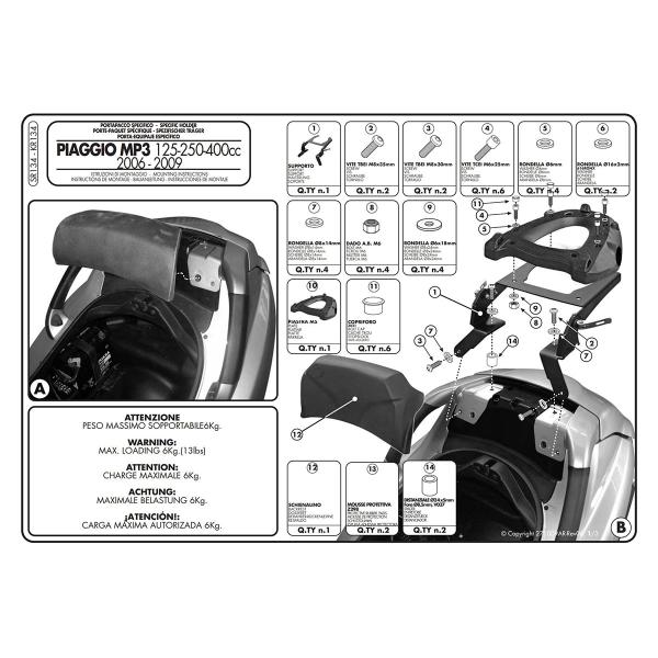 Attacco posteriore bauletto Givi Monokey Piaggio Mp3 125 2006-2011