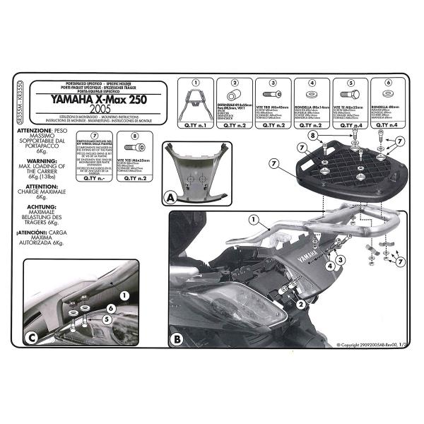 Attacco posteriore bauletto Givi Monolock Yamaha Xmax 125-250 2005-2009