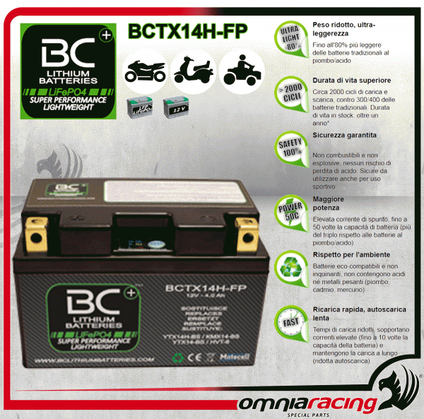 BC LifePO4 BCTX14H-FP Batteria Moto Litio Ferro Fosfato 12V / 4Ah / 240 CA Aprilia
