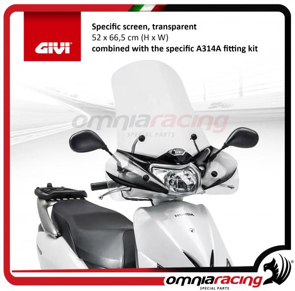 GIVI Parabrezza Trasparente 52x66.5cm con kit attacchi per Honda Lead 110 08>14