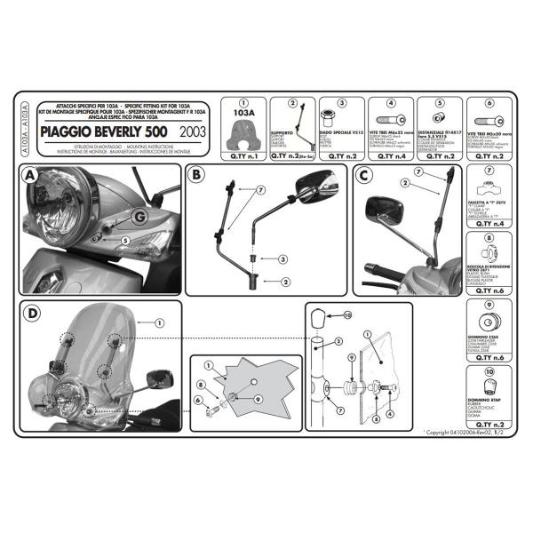 Kit fissaggio cupolino Givi 103A Piaggio Beverly Tourer 250 2008-2010