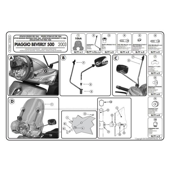Givi windscreen fitting kit 106A Piaggio Beverly Tourer 250 2008-2010