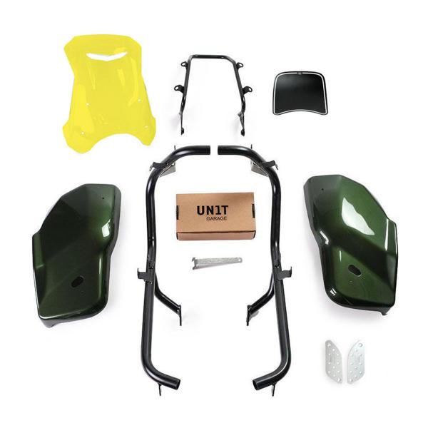 Unit Garage yellow/glossy green side panel kit/screen Dual Triumph Scrambler 1200 XC & XE 2021-2023