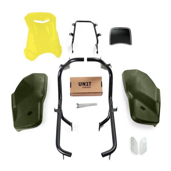 Unit Garage yellow/matt green side panel kit/screen Dual Triumph Scrambler 1200 XC & XE 2019-2020