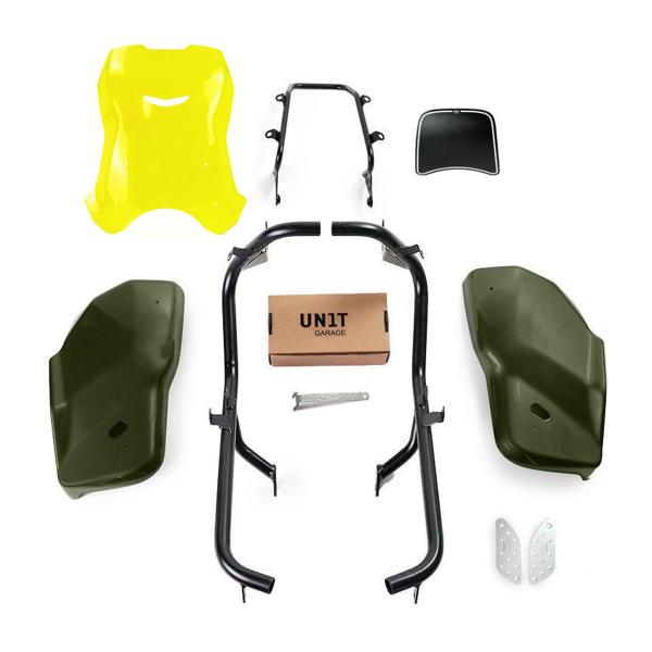 Unit Garage yellow/matt green side panel kit/high screen Dual Triumph Scrambler 1200 XC/XE 2021-2023
