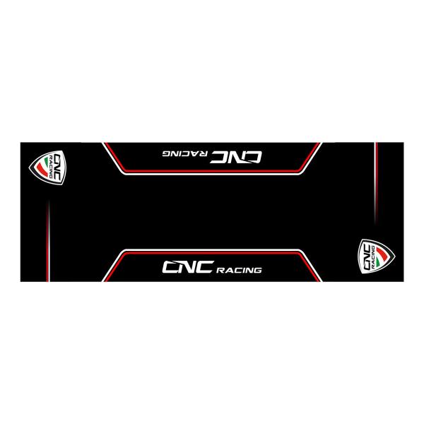 Black/red CNC Racing motorcycle carpet for garage