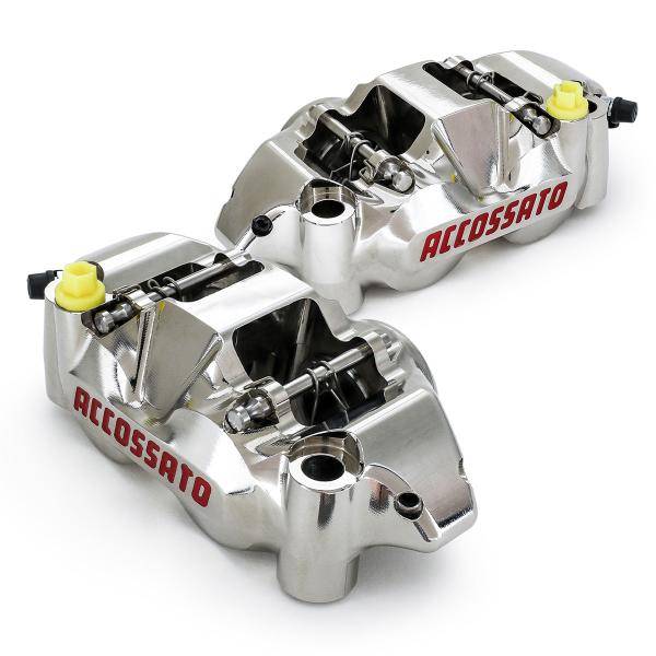 Coppia pinze freno radiali Accossato nichelata ricavata CNC monoblocco 108mm pistoni Titanio