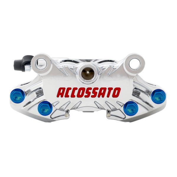 Pinza freno assiale CNC Accossato interasse 64mm cromata pistoni alluminio viti titanio blu