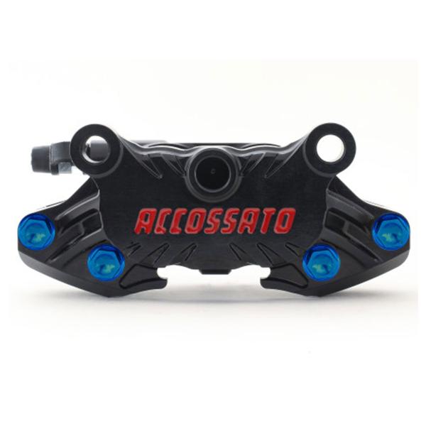 Pinza freno assiale CNC Accossato interasse 64mm nera pistoni titanio viti titanio blu