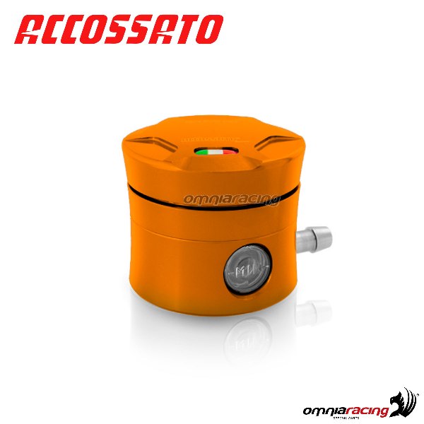 Brake fluid reservoir Accossato CNC orange color 25 cm3 with horizontal oil spill