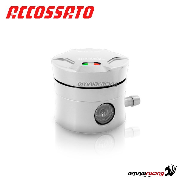 Serbatoio olio freno Accossato CNC colore argento volume 25 cm3 con uscita orizzontale