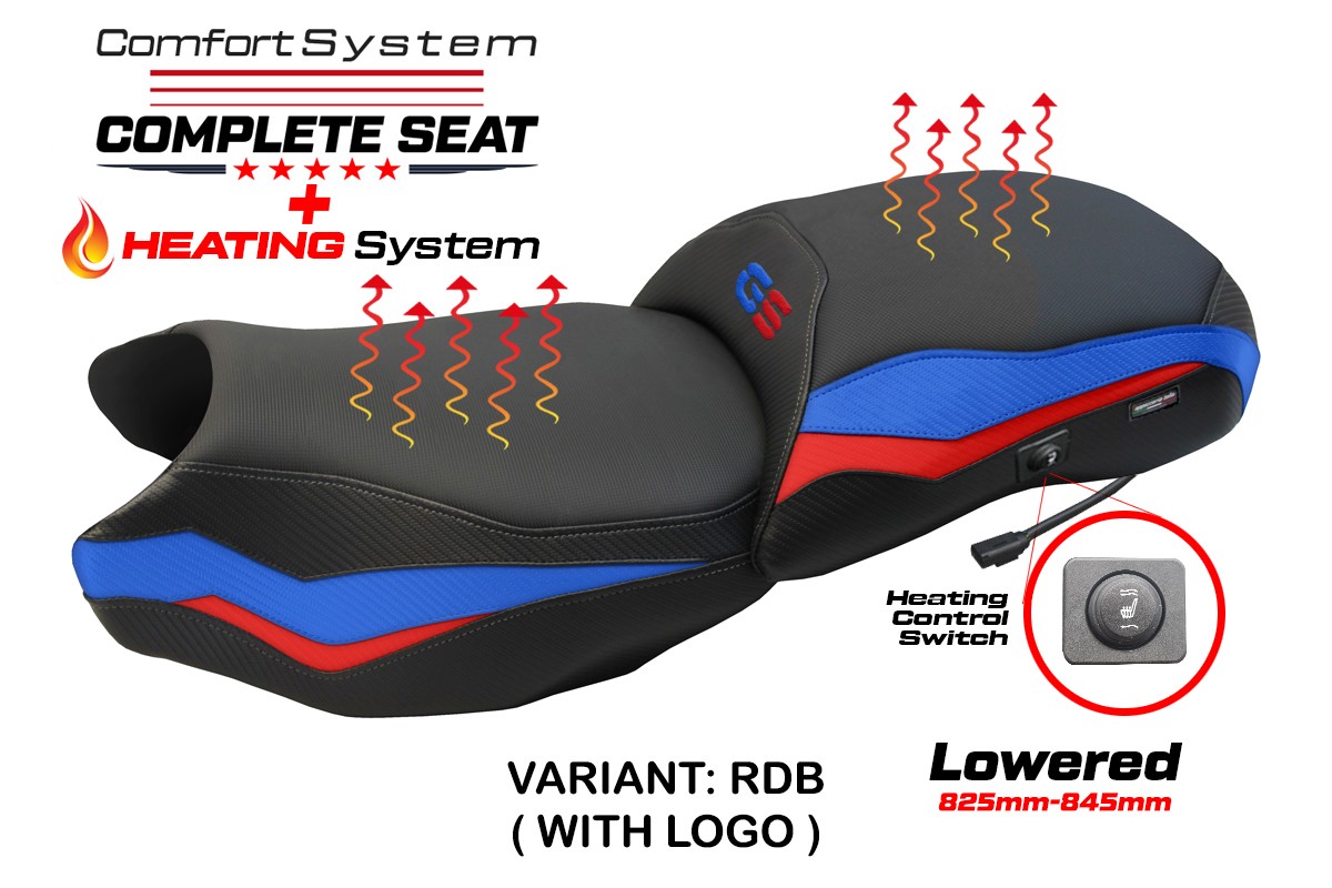 TPZ Lowered Paphos Comfort red-blue Complete heated saddle Logo BMW R1250GS 2019-2023