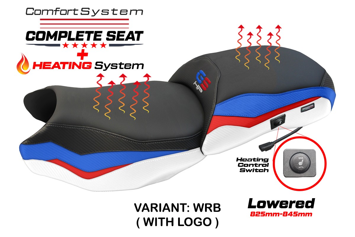 TPZ Lowered Paphos Comfort white-red-blue Complete heated saddle Logo BMW R1250GS 2019-2023