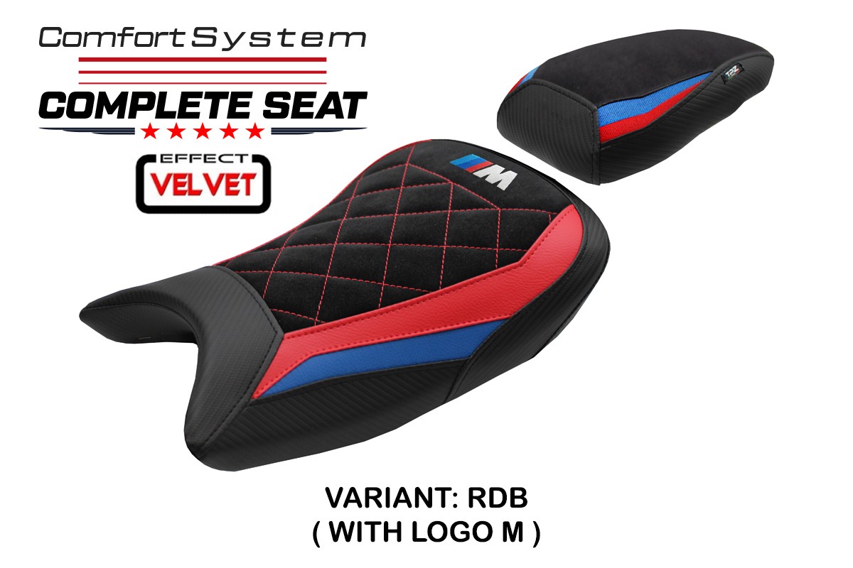 TPZ Varel Velvet Comfort red-blue Complete saddle Logo BMW S1000RR M-sport 2019-2025