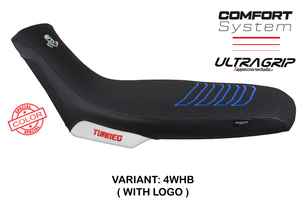 TPZ Boras Comfort Special white-blue Saddle covering Logo Aprilia Tuareg 660 2021-2025