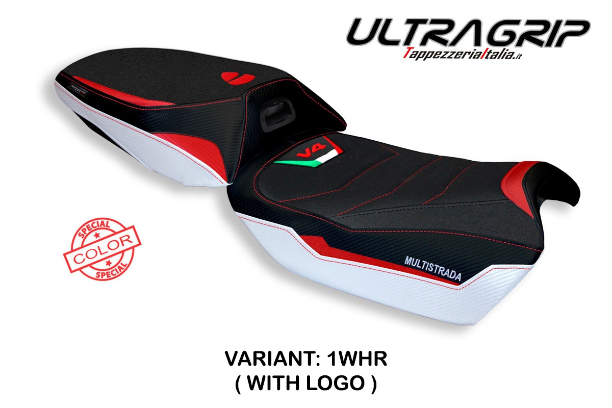 Rivestimento sella Adelaide Ultragrip bianca-rossa logo Ducati Multistrada V4 (riscaldata) 2021-2023
