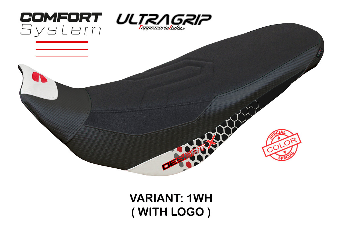 TPZ Keren Comfort Ultragrip Special white Saddle covering Logo Ducati DesertX 2022-2025