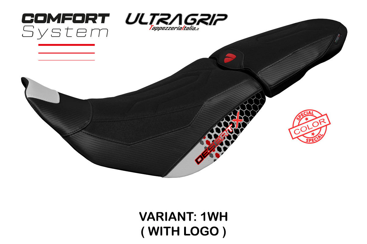 Rivestimento sella TPZ Thar Comfort Ultragrip Logo Special bianco Ducati DesertX 2022-2025