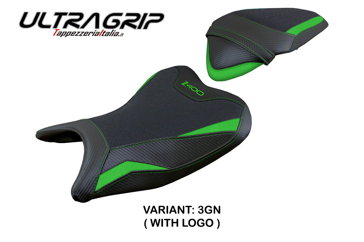 TPZ Aragona Ultragrip green Saddle covering Logo Kawasaki Z400 2018-2023