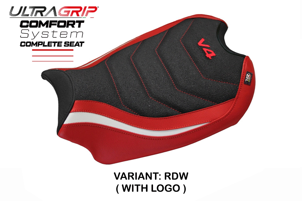 TPZ Gorizia Ultragrip Comfort Red-White Saddle Logo Ducati Panigale V4 2018-2024