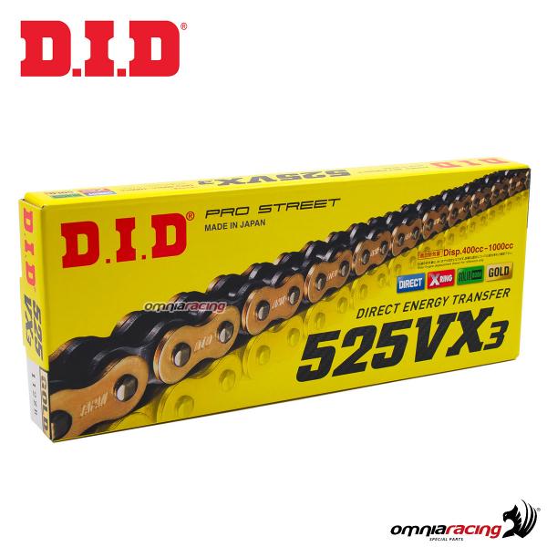 Catena DID Pro Street 525VX3 B&G 118 maglie passo 525 colore nero con piastra esterna oro