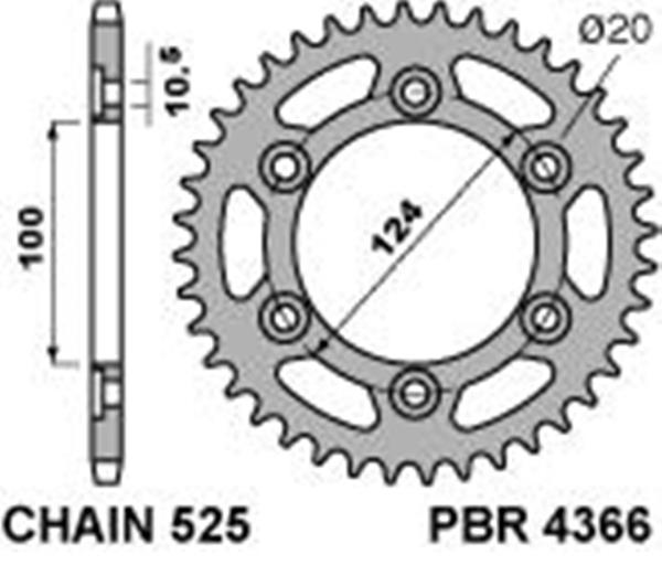 Corona PBR passo catena 525 cod. 4366 Z38 denti in Ergal