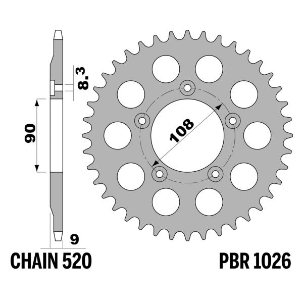 Corona PBR Z38 denti passo 520 in Acciaio Ducati Santa Monica 750 1988-1988