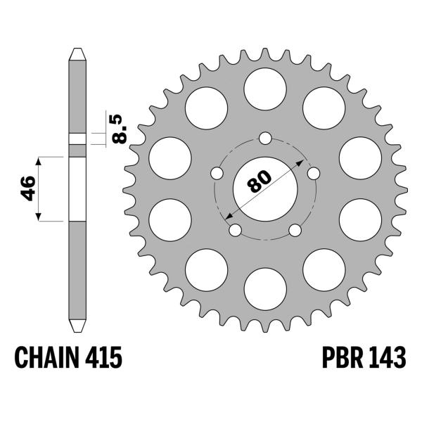 Corona PBR Z44 denti passo 415 in Ferro Aprilia AF-1 50 1986-1987