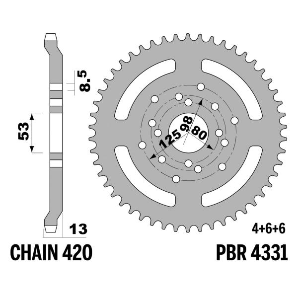 Corona PBR Z53 denti passo 420 in Ferro Derbi Senda LR 50 1996-1999