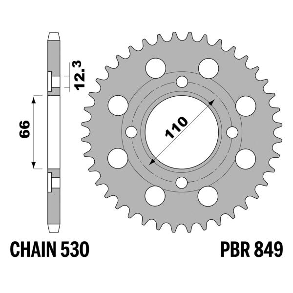 Corona PBR Z38 denti passo 530 in Acciaio Yamaha RD400DX 1976-1977